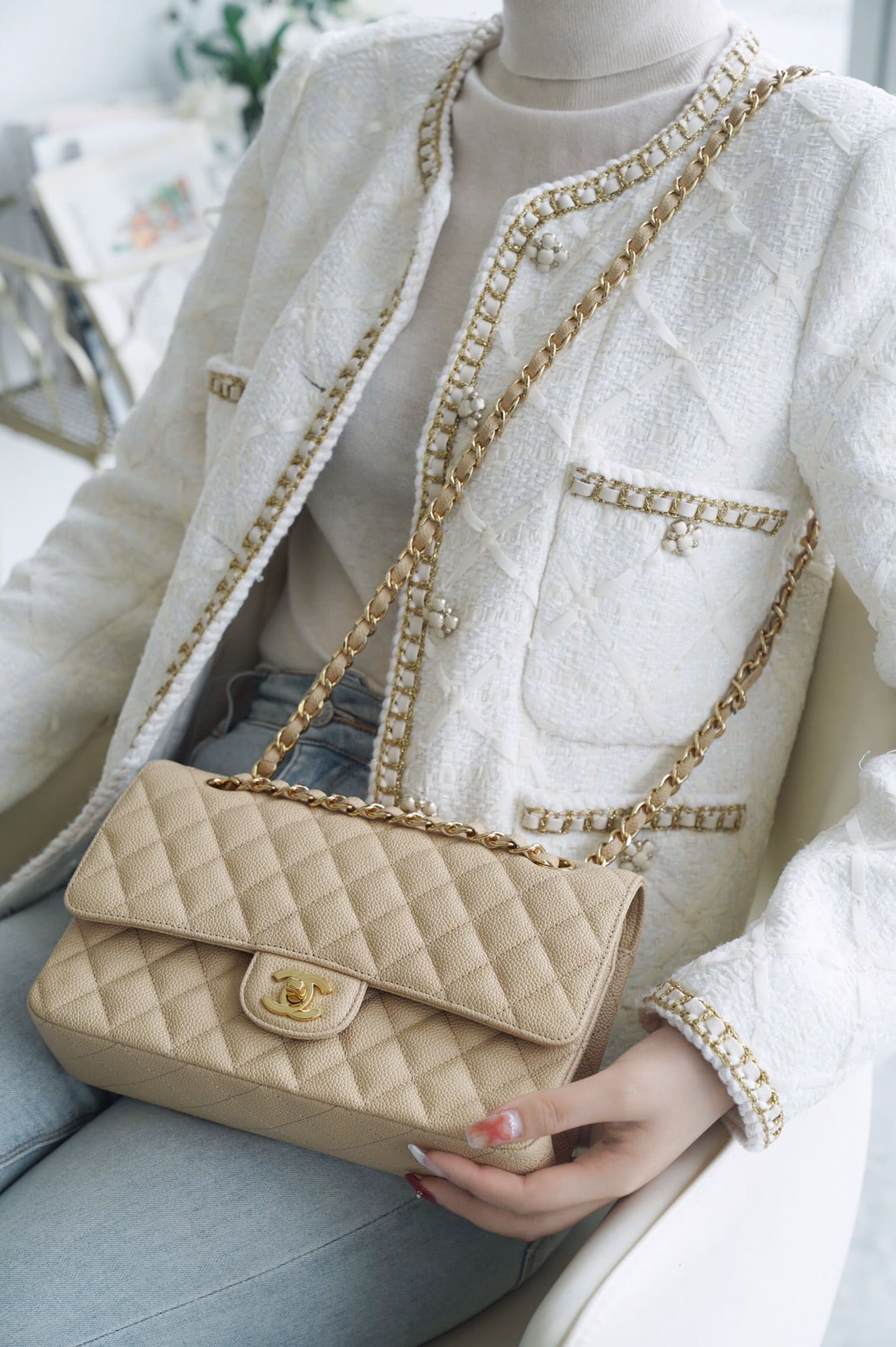 Chanel CF25 Classic flap bag A01112杏色金扣名媛网